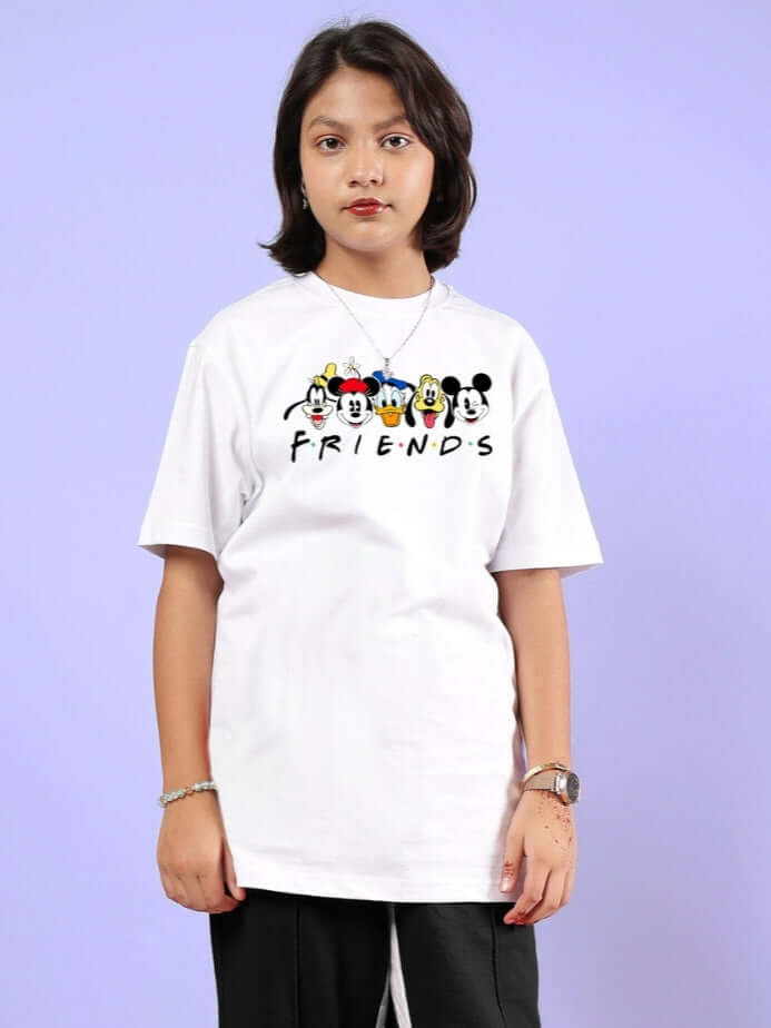 MICKEY AND FRIENDS T-SHIRT FOR BOYS & GIRLS WHITE featuring cartoon characters, suitable for custom fitting, made by DUDS tailors.