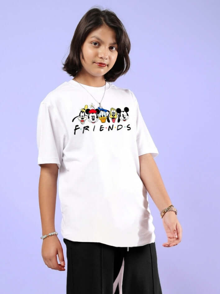 Child wearing MICKEY AND FRIENDS T-SHIRT FOR BOYS & GIRLS WHITE with cartoon characters on front