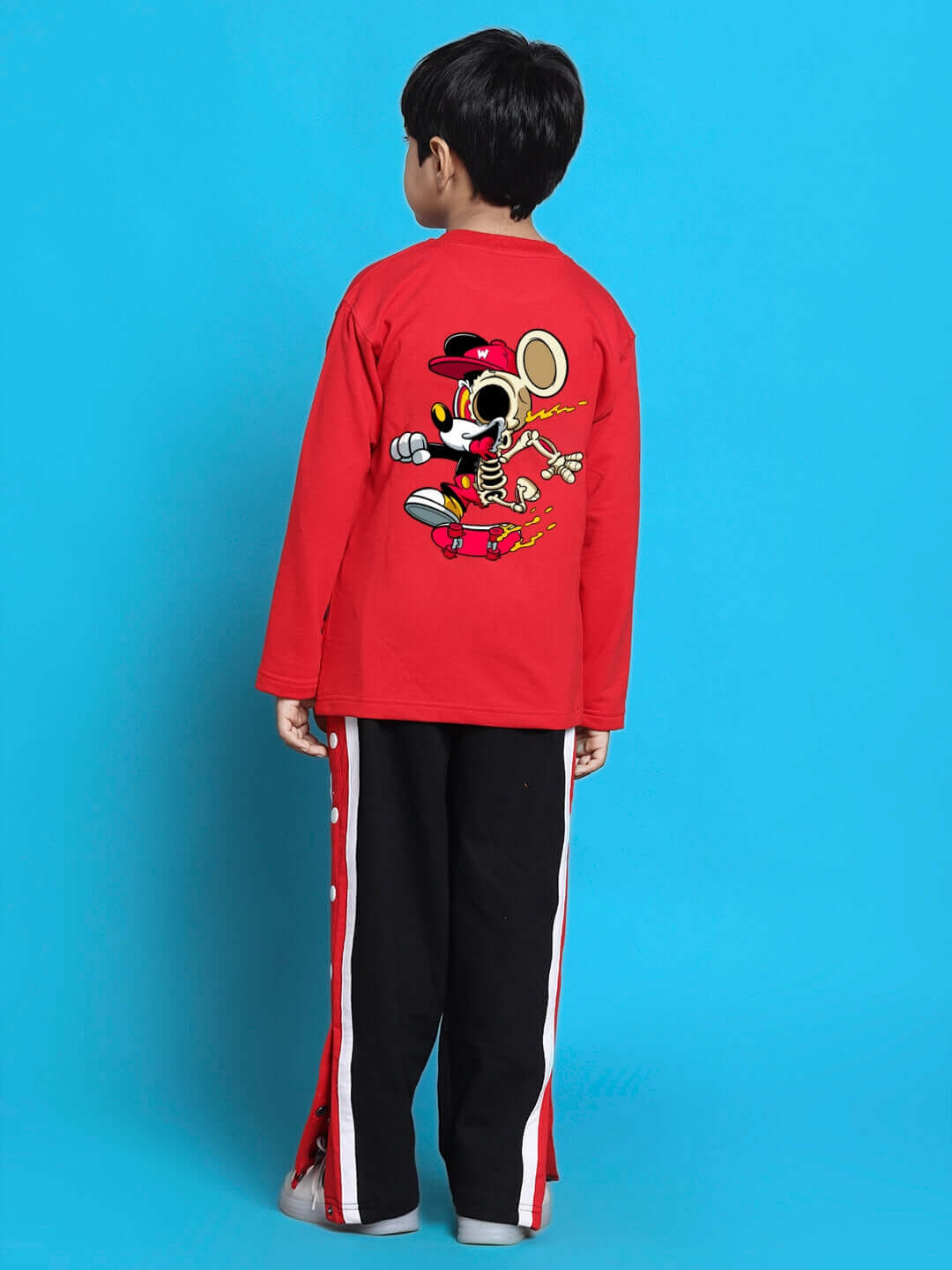 Child wearing MICKEY CO-ORD FOR BOYS GIRLS RED BLACK outfit with Mickey Mouse design, showcasing trendy Disney style.
