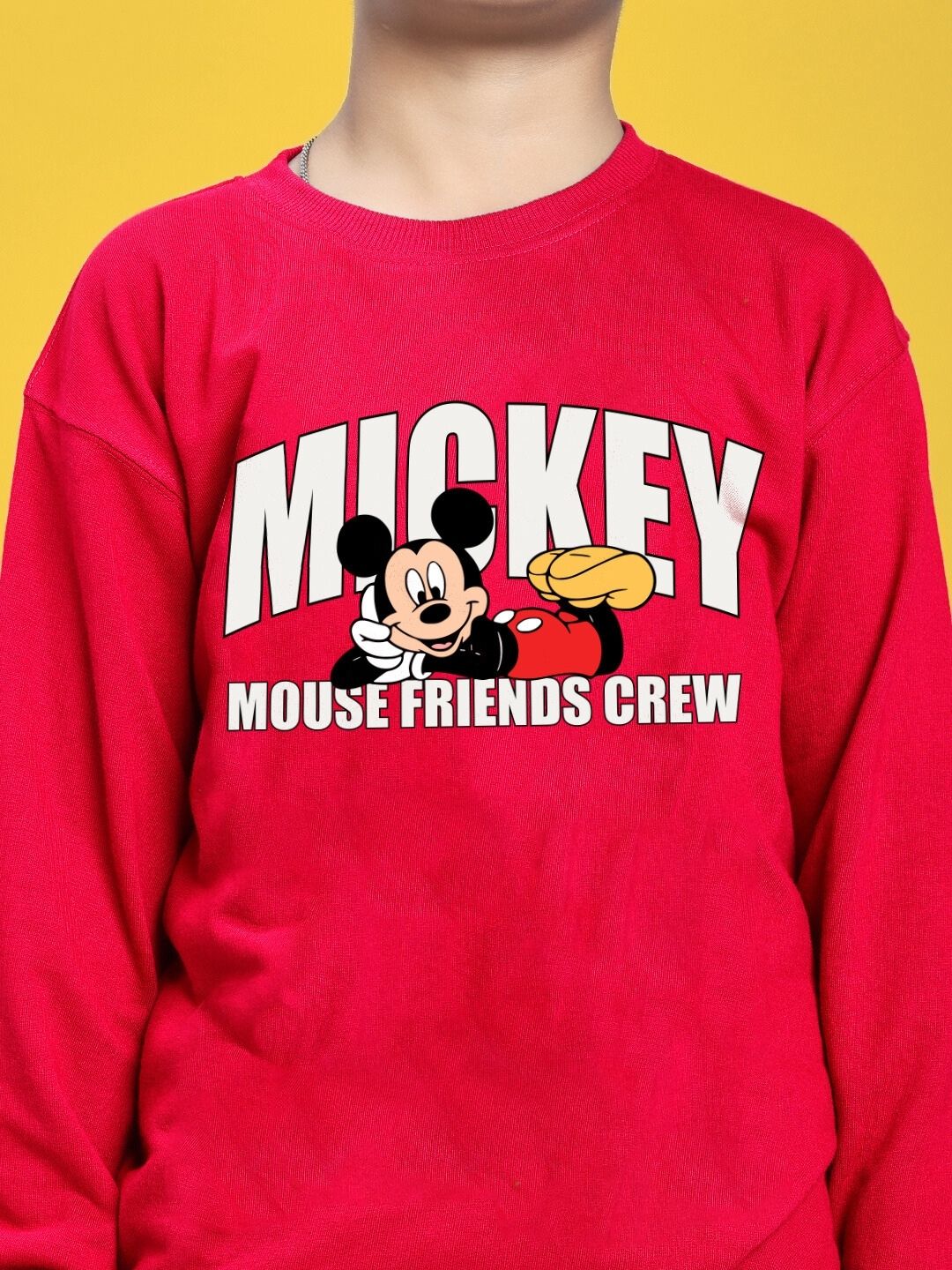 FRIENDS CREW PRINT SWEATSHIRT FOR BOYS GIRLS RED with Mickey Mouse design, perfect for kids' wardrobe, blending style and comfort.