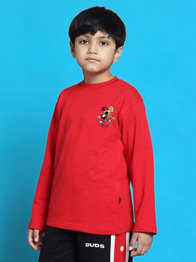 Boy wearing MICKEY OVERSIZED SWEATSHIRT FOR BOYS GIRLS RED with Mickey Mouse design