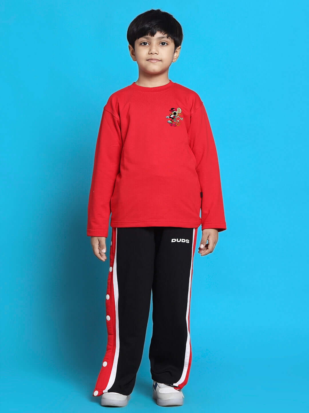 Child wearing MICKEY CO-ORD FOR BOYS GIRLS RED BLACK in Disney Mickey Mouse design, featuring matching top and pants for kids.