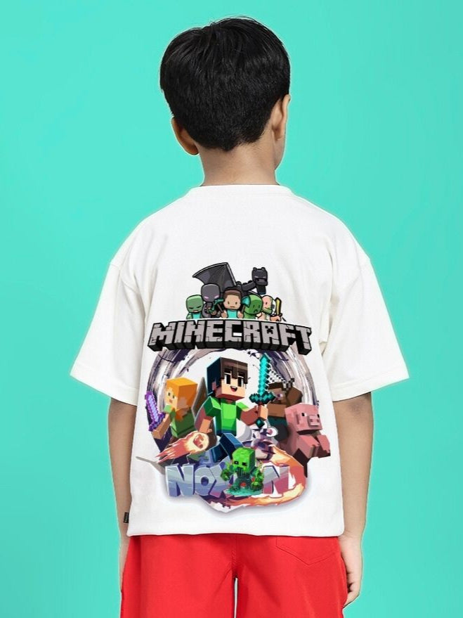 Child wearing MINECRAFT T-SHIRT FOR BOYS GIRLS WHITE featuring Minecraft characters on the back.