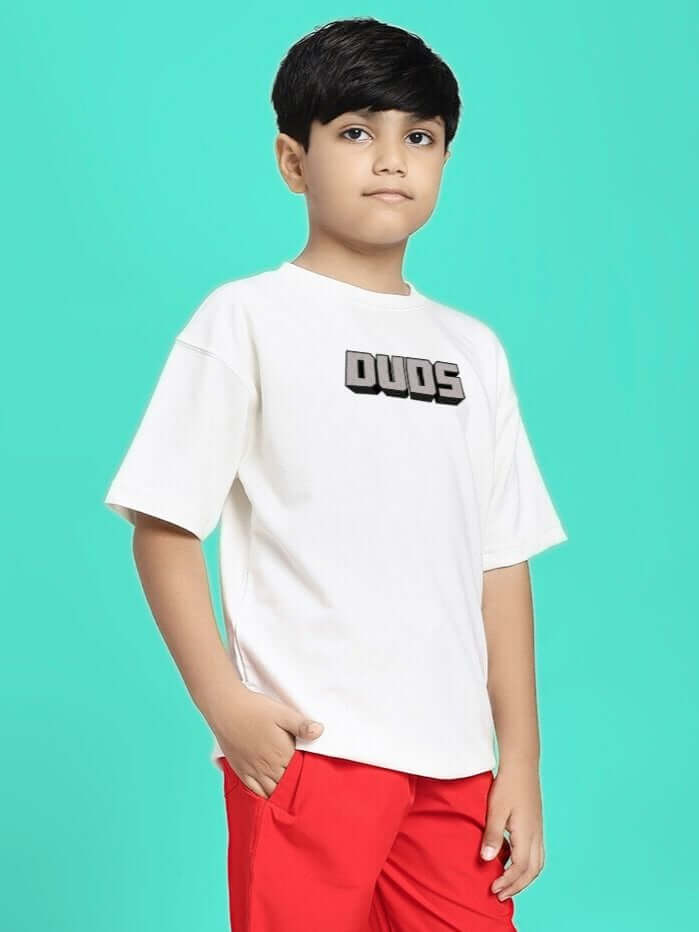 Boy wearing MINECRAFT T-SHIRT FOR BOYS GIRLS WHITE with graphic design