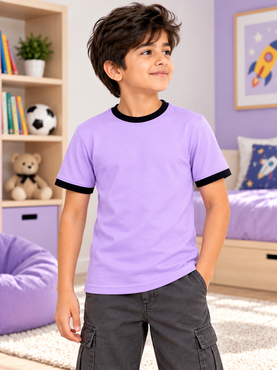 MINIMALIST CONTRAST EDGE T-SHIRT FOR BOYS GIRLS LAVENDER