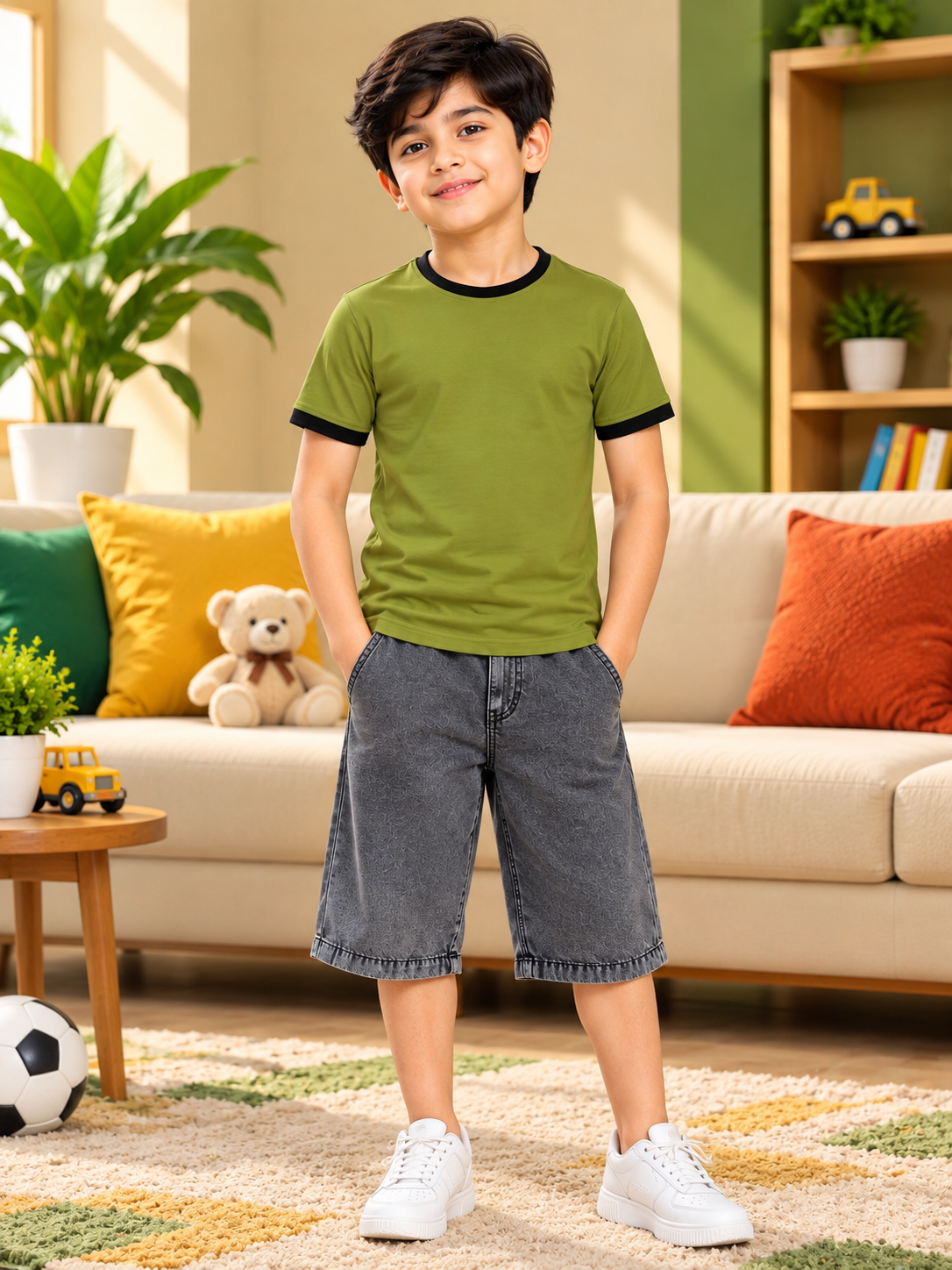MINIMALIST CONTRAST EDGE T-SHIRT FOR BOYS GIRLS OLIVE GREEN
