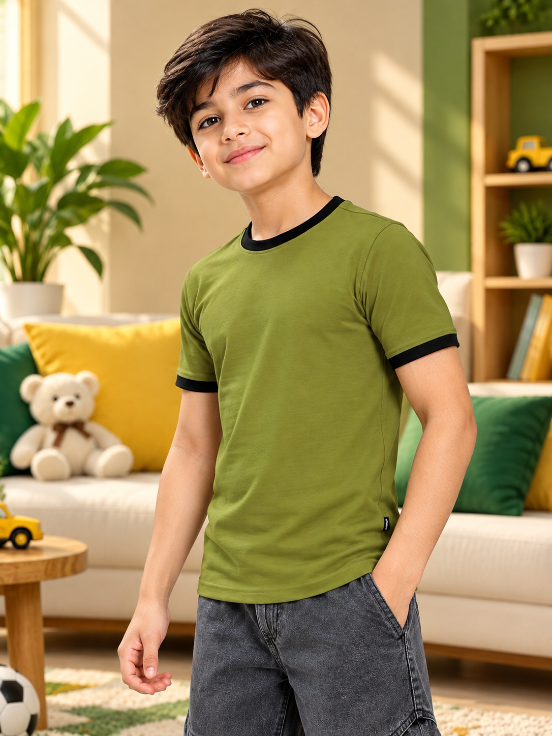 MINIMALIST CONTRAST EDGE T-SHIRT FOR BOYS GIRLS OLIVE GREEN
