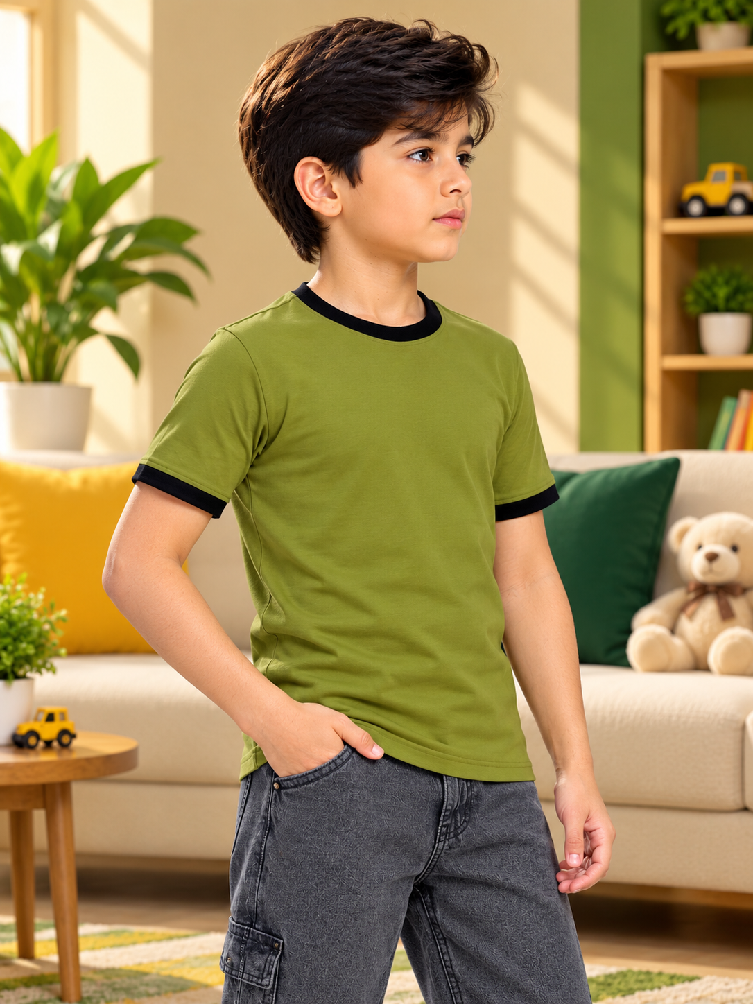 MINIMALIST CONTRAST EDGE T-SHIRT FOR BOYS GIRLS OLIVE GREEN