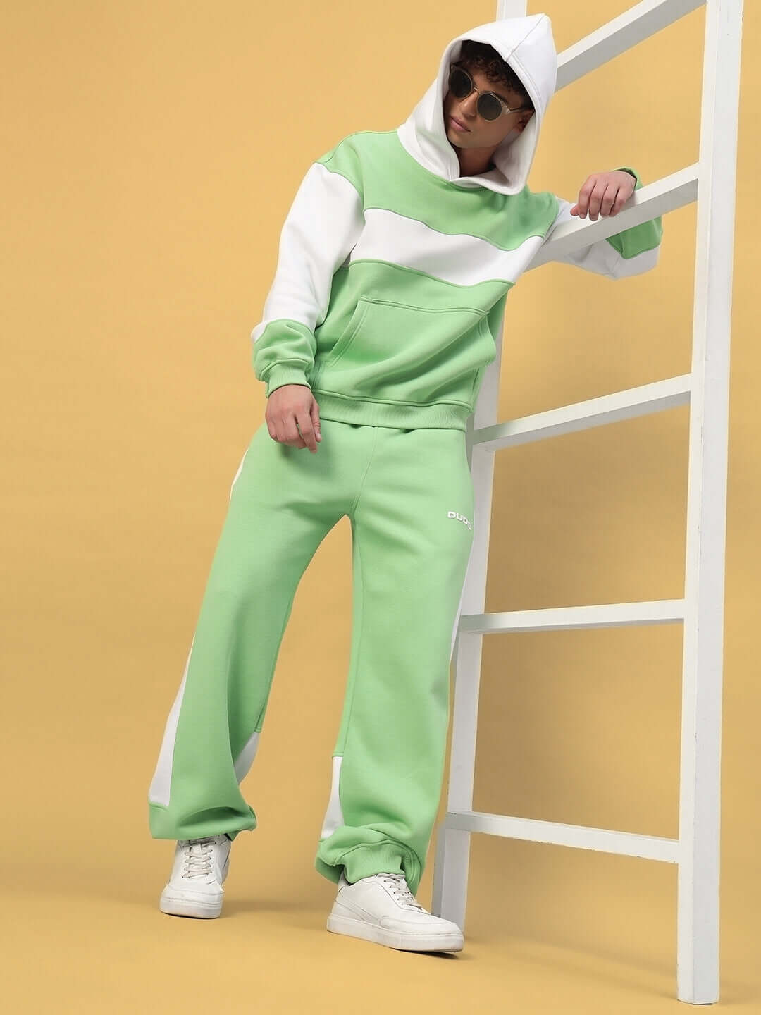 MINTED BLISS FLEECE COLORBLOCK CO-ORD GREEN WHITE set with hoodie and joggers in green and white colorblock design, modern streetwear chic.