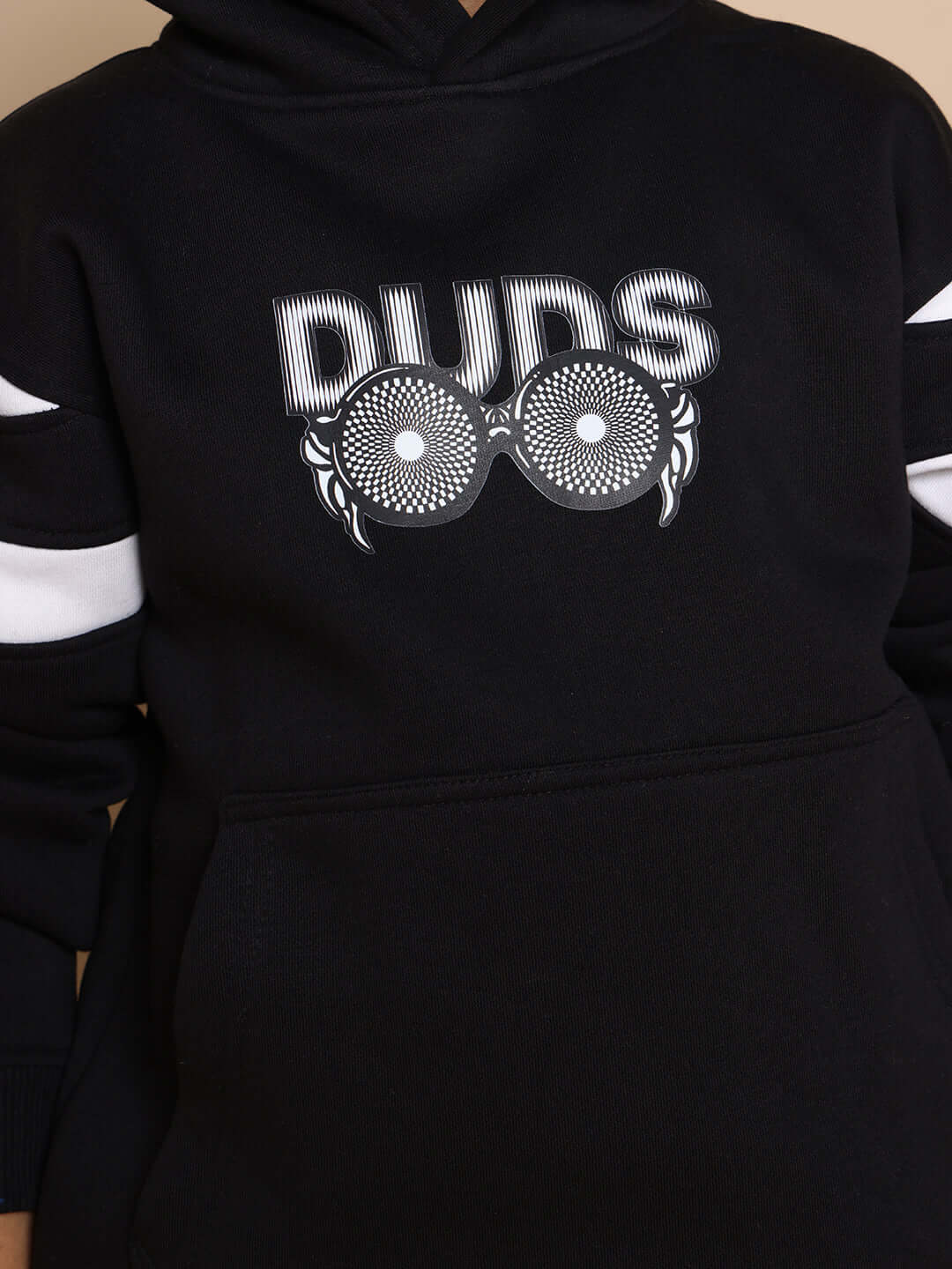 DUDS black oversized hoodie for boys and girls, featuring unique design, made to order, customizable, experienced tailoring.