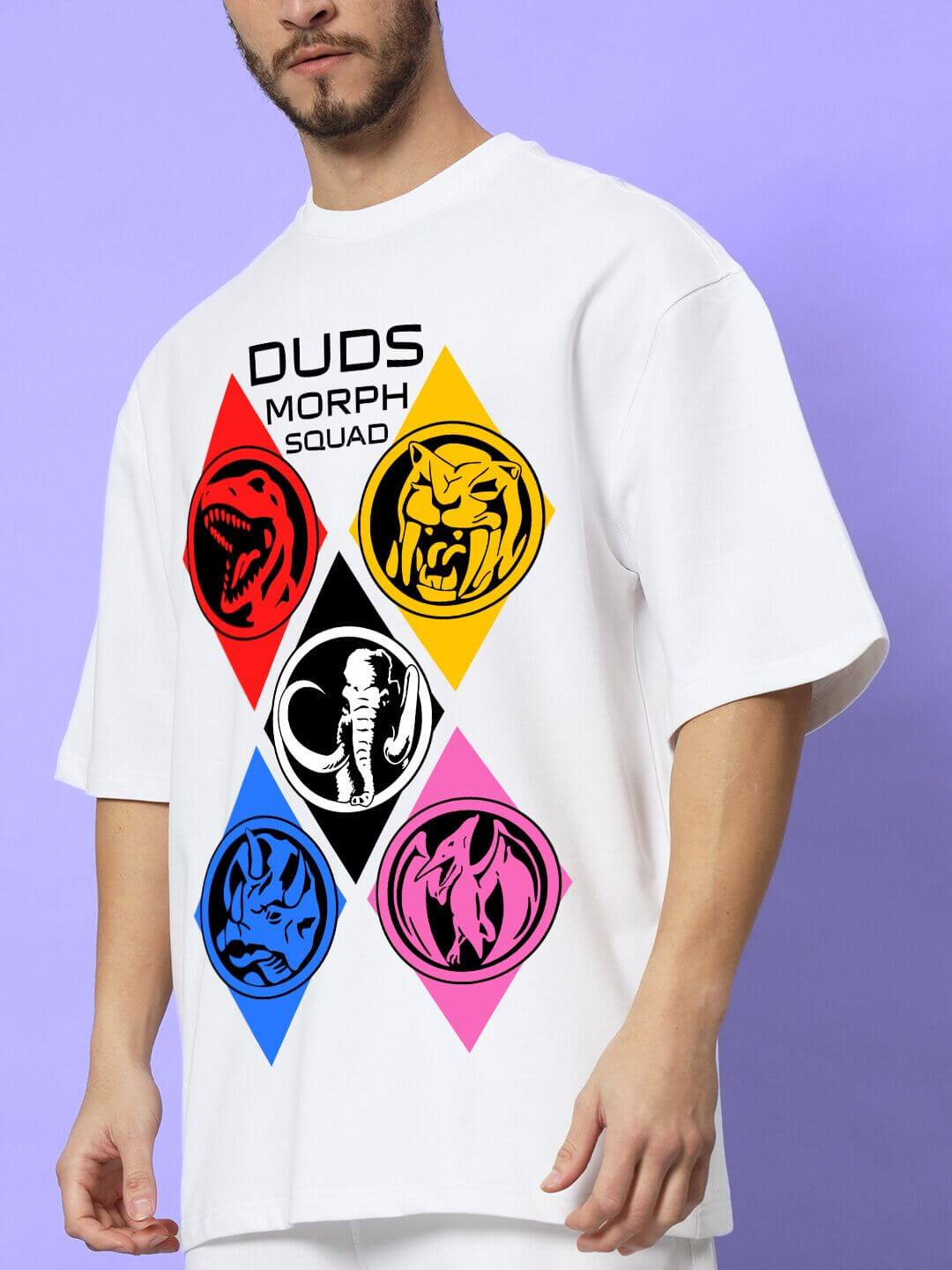 Person wearing MORPH SQUAD OVER-SIZED T-SHIRT WHITE with graphic design, showcasing bold streetwear style.