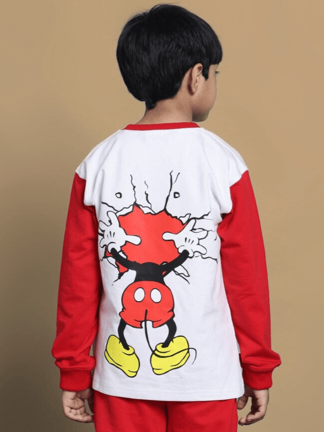 MORTIMER OVERSIZED SWEATSHIRT FOR BOYS & GIRLS WHITE RED with cartoon design, premium cotton fabric, and red sleeves, back view.
