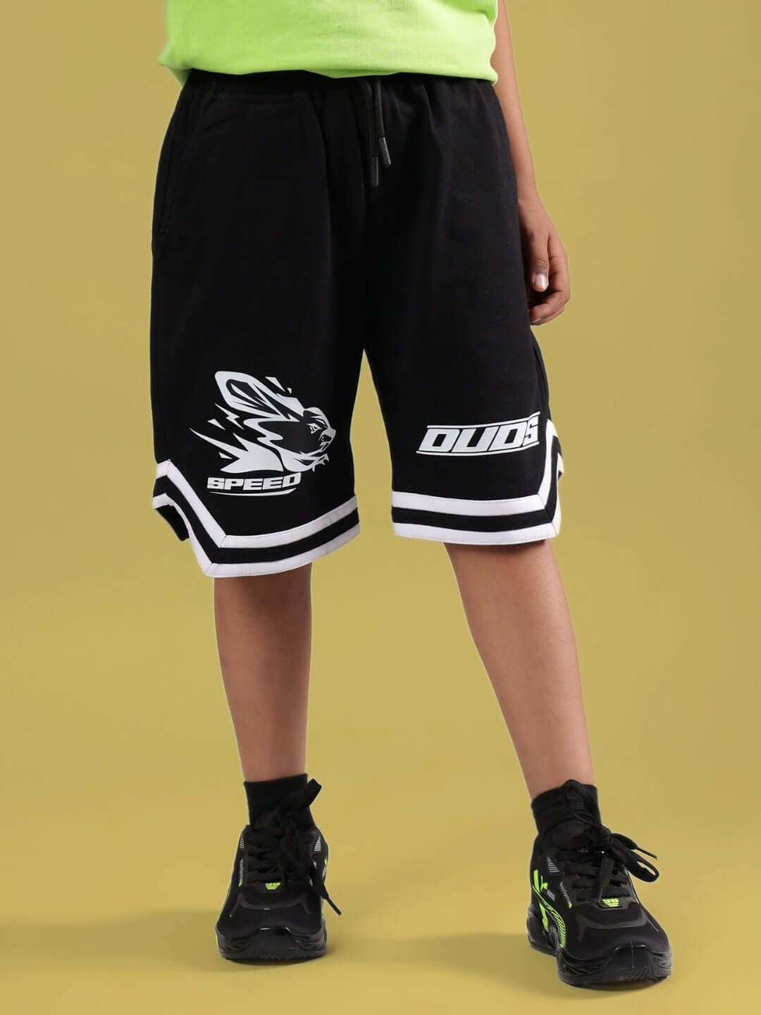 MUFFIN SHORTS FOR BOYS & GIRLS BLACK with sporty design and comfortable fit, available for custom sizing. Made to order by DUDS.