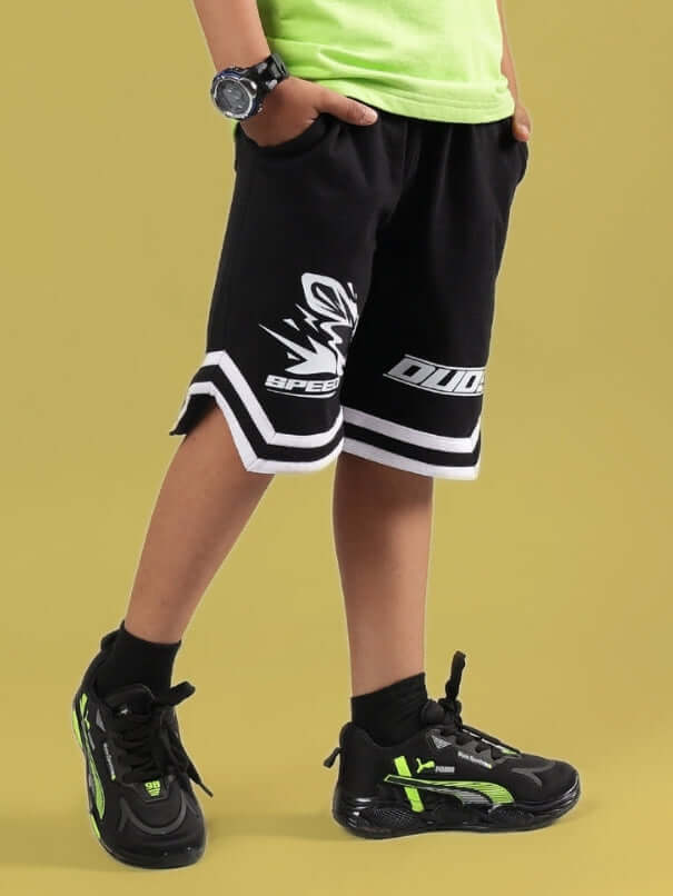 MUFFIN SHORTS FOR BOYS & GIRLS BLACK, stylish black shorts with sporty design, suitable for kids, customizable size option.