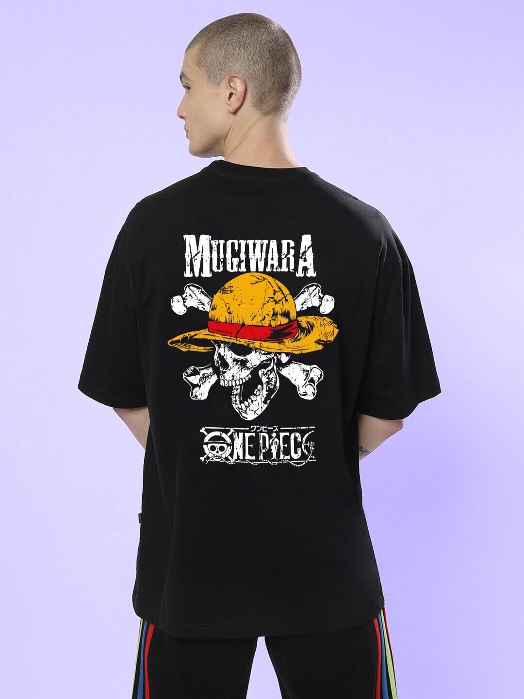 Back view of model wearing MUGIWARA PRINTED OVERSIZED T-SHIRT BLACK with Straw Hat crew design, ideal for anime lovers and style seekers.