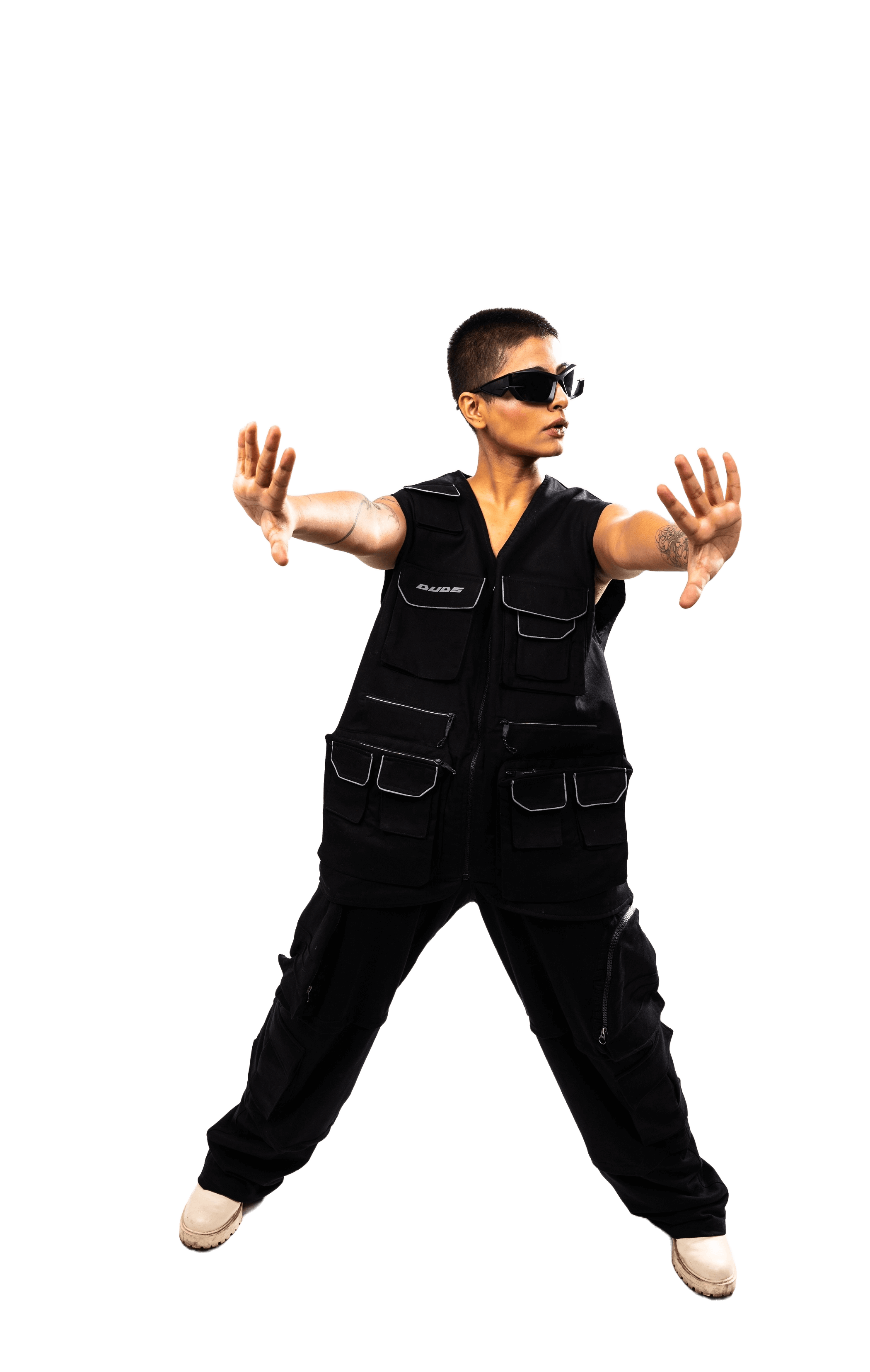 Person modeling Multi Pockets Reflector Cargo Vest with utility design and modern style