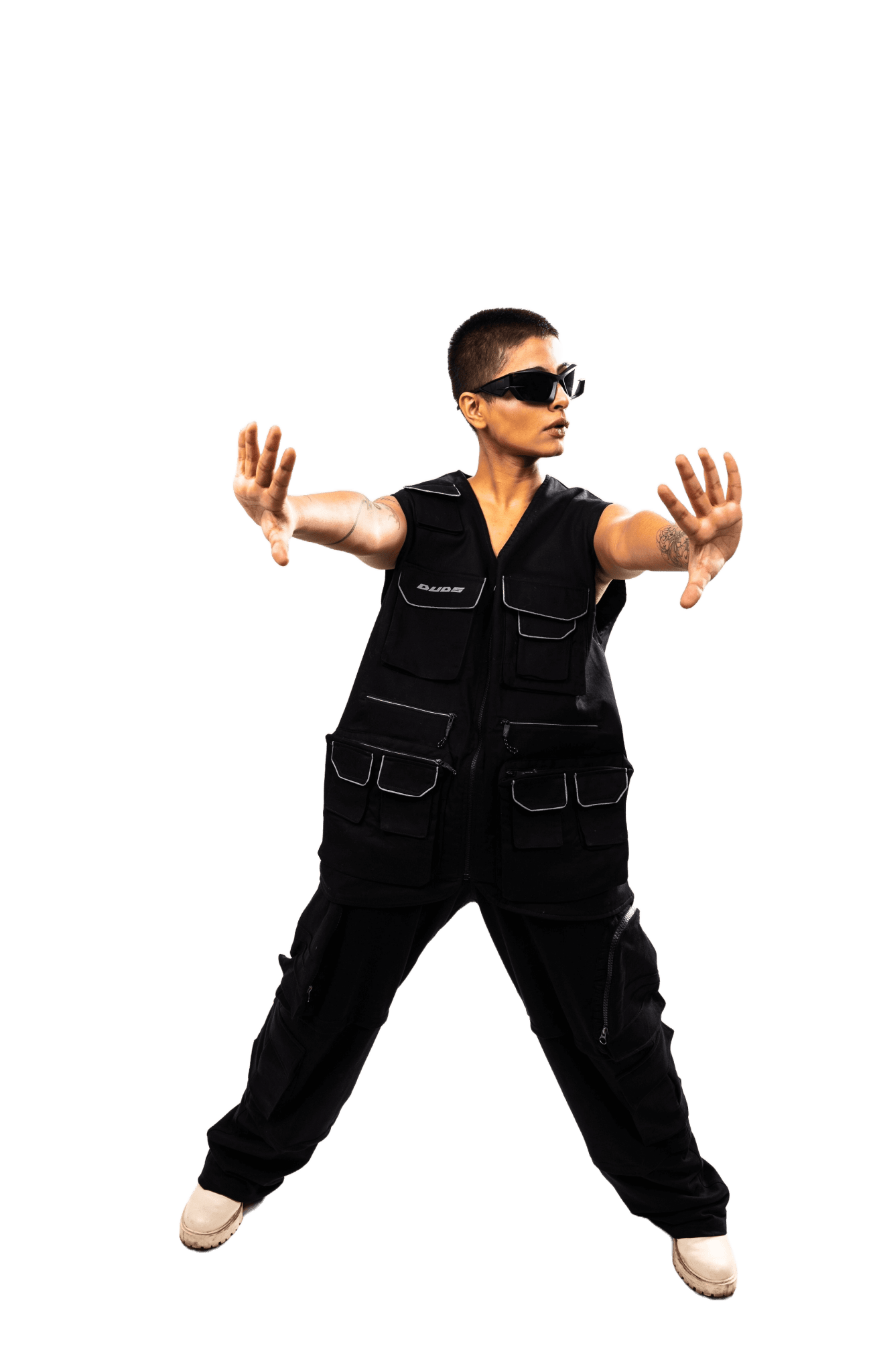 Person wearing MULTI POCKETS REFLECTOR CARGO VEST with sunglasses and stylish pose.