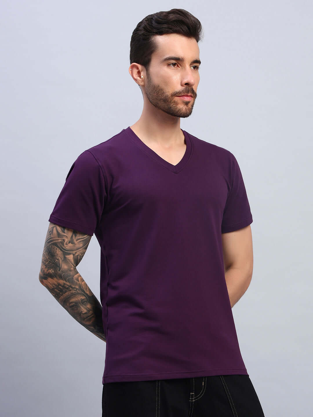 Man wearing a MYCO regular fit purple t-shirt made from premium heavy gauge 100% cotton fabric.