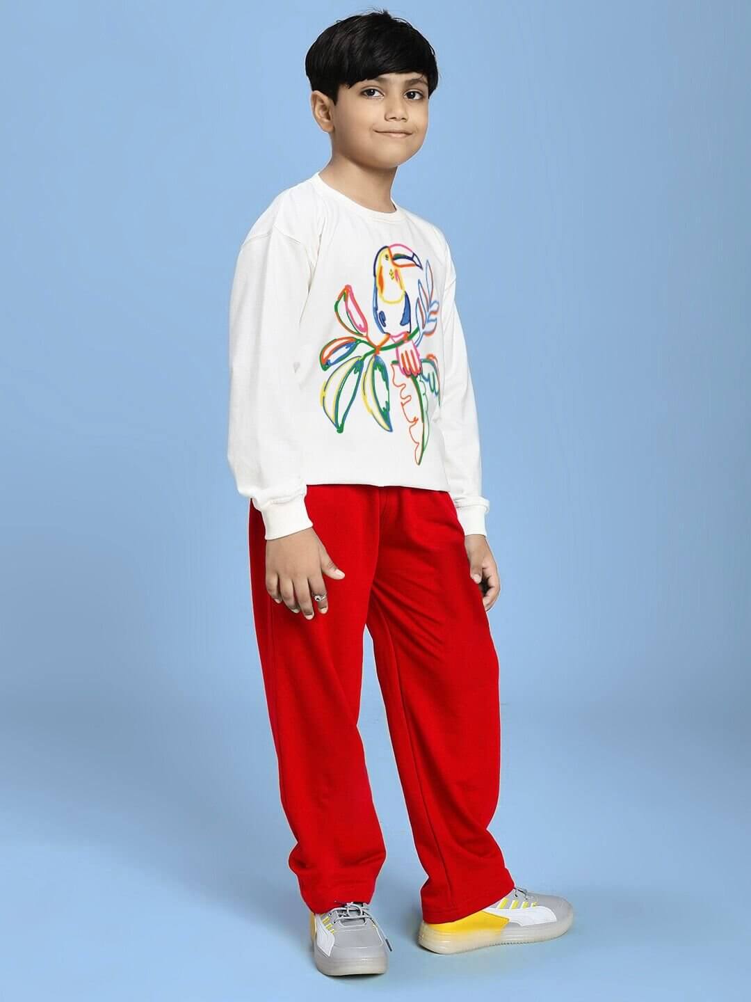 NATURE VIBES BIRD PRINT CO-ORD FOR BOYS AND GIRLS WHITE RED outfit displayed on a child model.