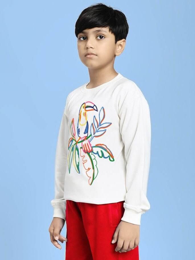 Boy wearing NATURE VIBES BIRD PRINT SWEATSHIRT FOR BOYS AND GIRLS WHITE, featuring colorful bird art on a white top, standing in profile.