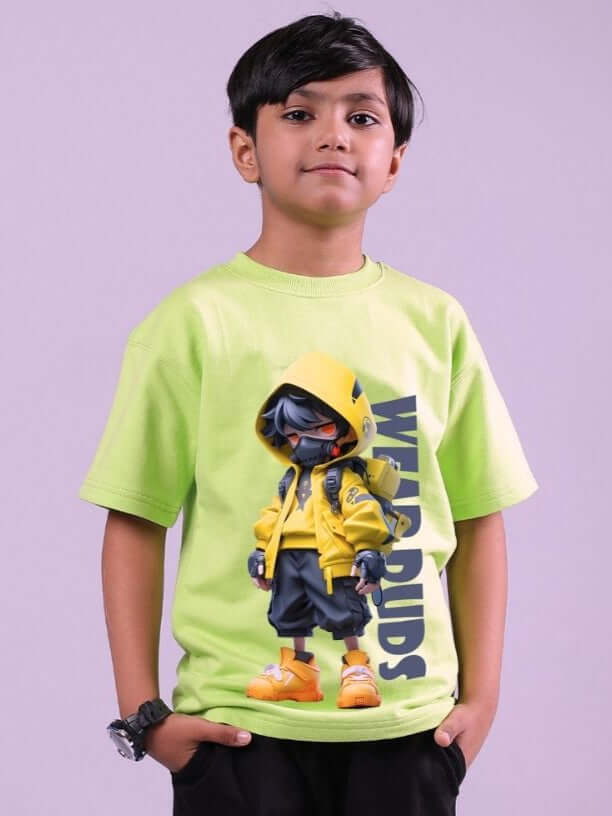 Young boy wearing NENDOROID PRINTED T-SHIRT FOR BOYS AND GIRLS NEON GREEN with character design.