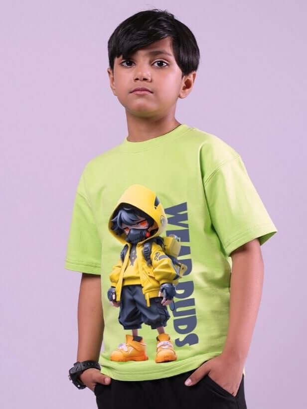 Boy wearing NENDOROID PRINTED T-SHIRT FOR BOYS AND GIRLS NEON GREEN with a colorful character design.