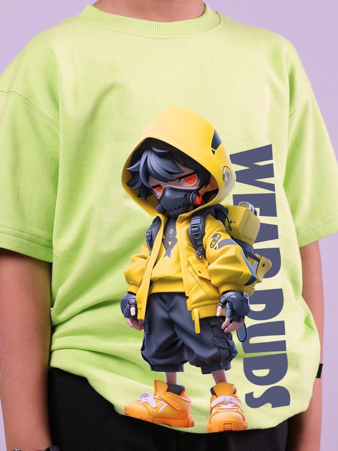 NENDOROID PRINTED T-SHIRT FOR BOYS AND GIRLS NEON GREEN featuring a playful cartoon character design.