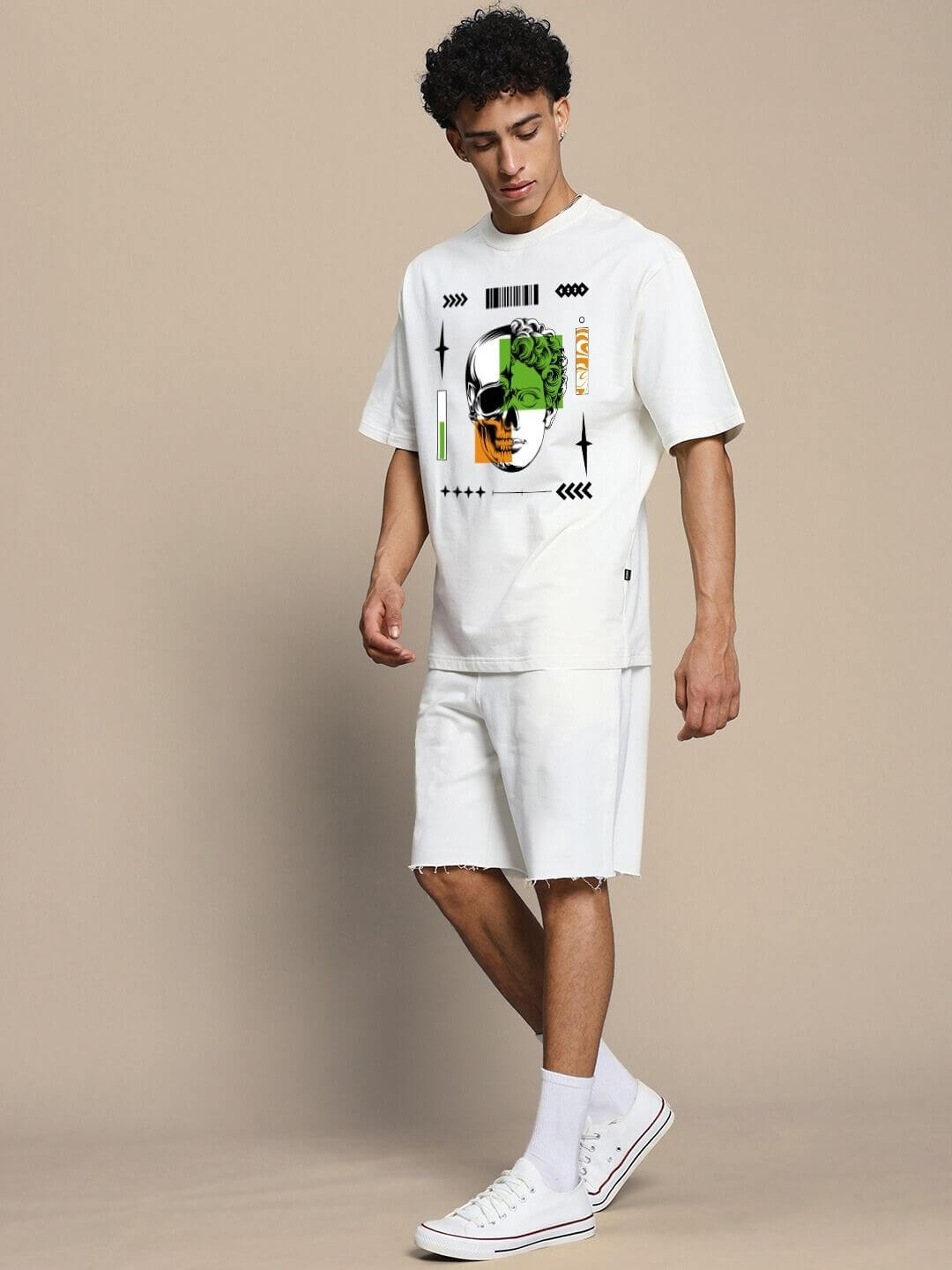 Man wearing Neo Classic skull printed co-ord set in off white, featuring a graphic t-shirt and shorts, stylish and trendy fashion outfit.