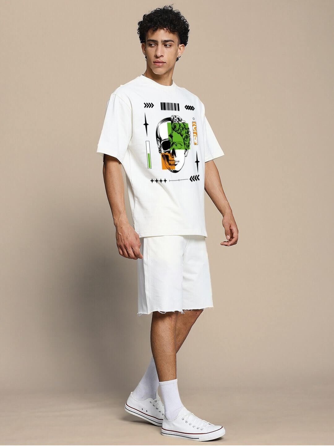 Neo Classic skull printed co-ord set in off white, featuring edgy street style design with shorts and tee, ideal for bold fashion statements