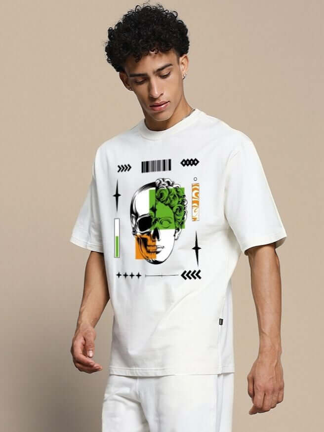 Man wearing Neo Classic Skull Over-Sized T-Shirt Off White with artistic skull graphic, modern urban fashion.