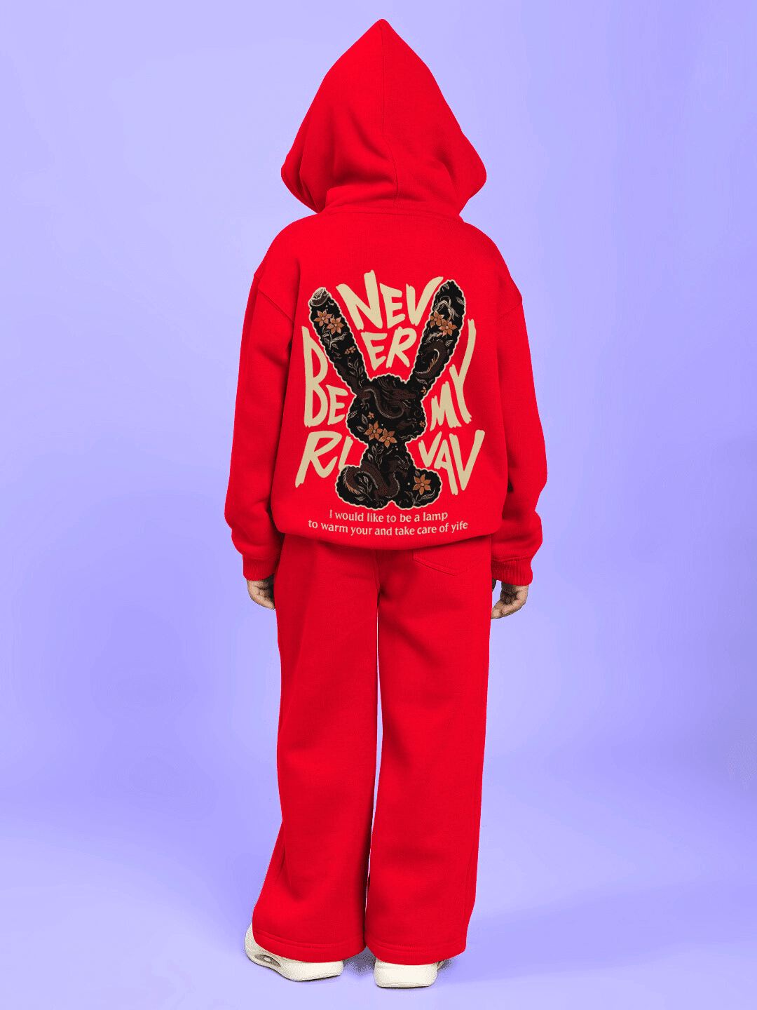 Child wearing NEVER BE MY RIVAL PRINT FLEECE CO-ORD FOR BOYS GIRLS RED with graphic design on the back, showcasing bold and playful style.