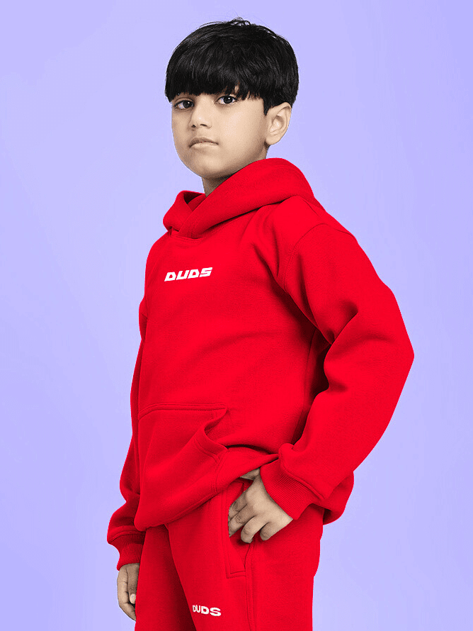 Child wearing NEVER BE MY RIVAL PRINT FLEECE HOODIE FOR BOYS AND GIRLS RED, showing bold style and comfort for kids.