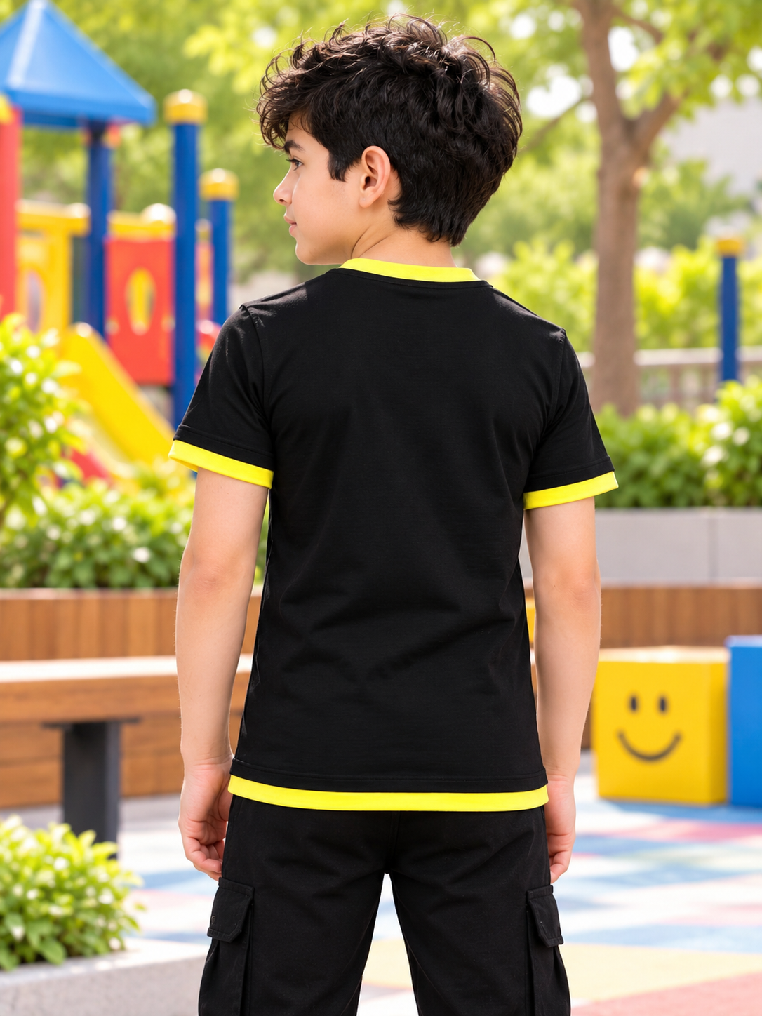 NIMO REGULAR FIT T-SHIRT FOR BOYS GIRLS BLACK worn by boy at playground, back view with yellow trim detail