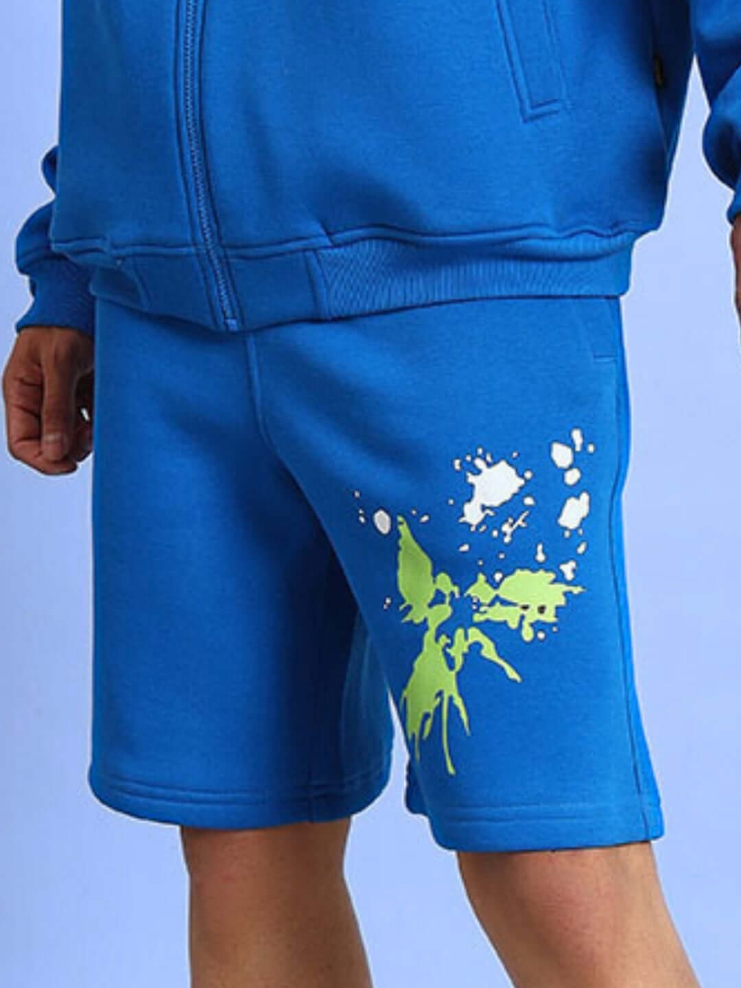 NO DRAMA COTTON FLEECE SHORTS ROYAL BLUE with graphic design