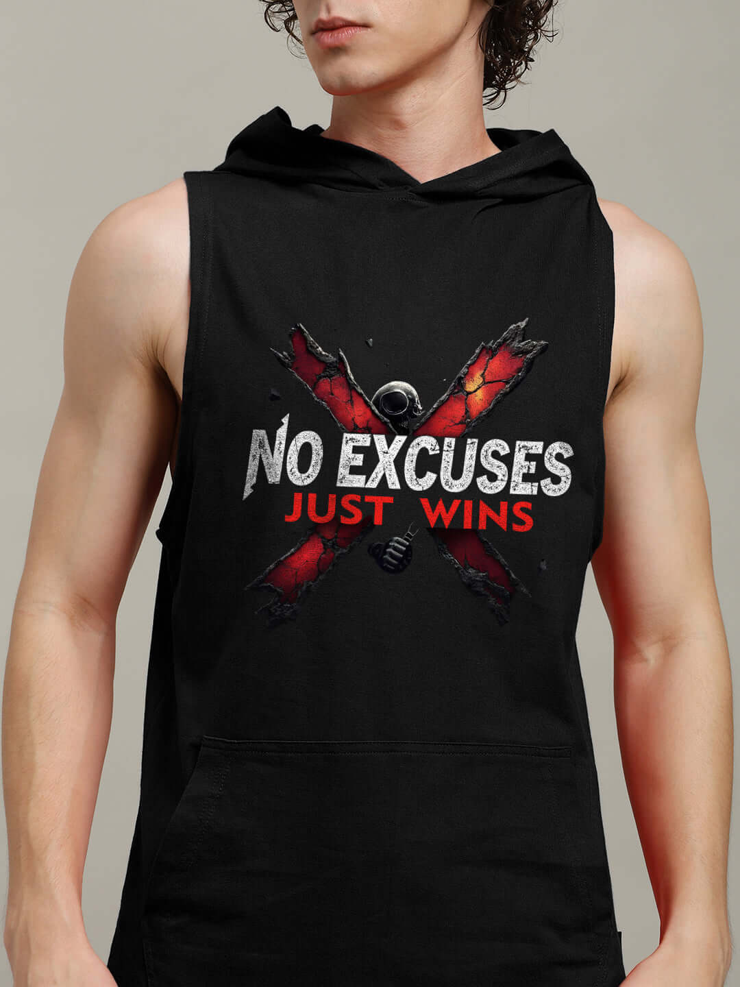 Black gym hooded t-shirt with 'No Excuses Just Wins' graphic, sleeveless design, ideal for workouts and fitness enthusiasts.