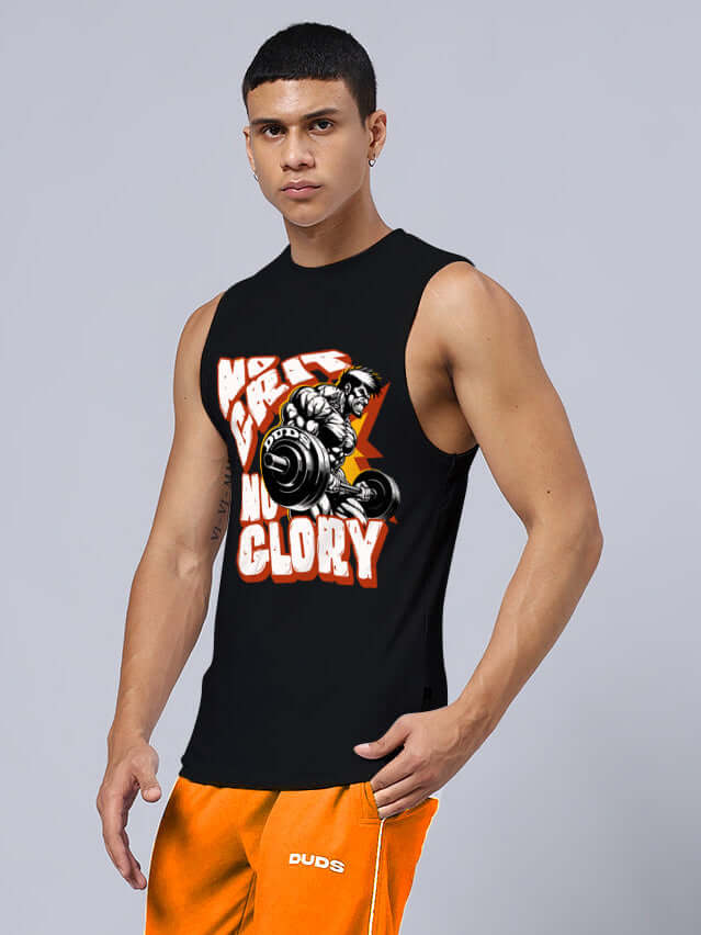 Man wearing NO GRIT NO GLORY PRINTED RELAXED FIT GYM T-SHIRT BLACK with bold motivational print