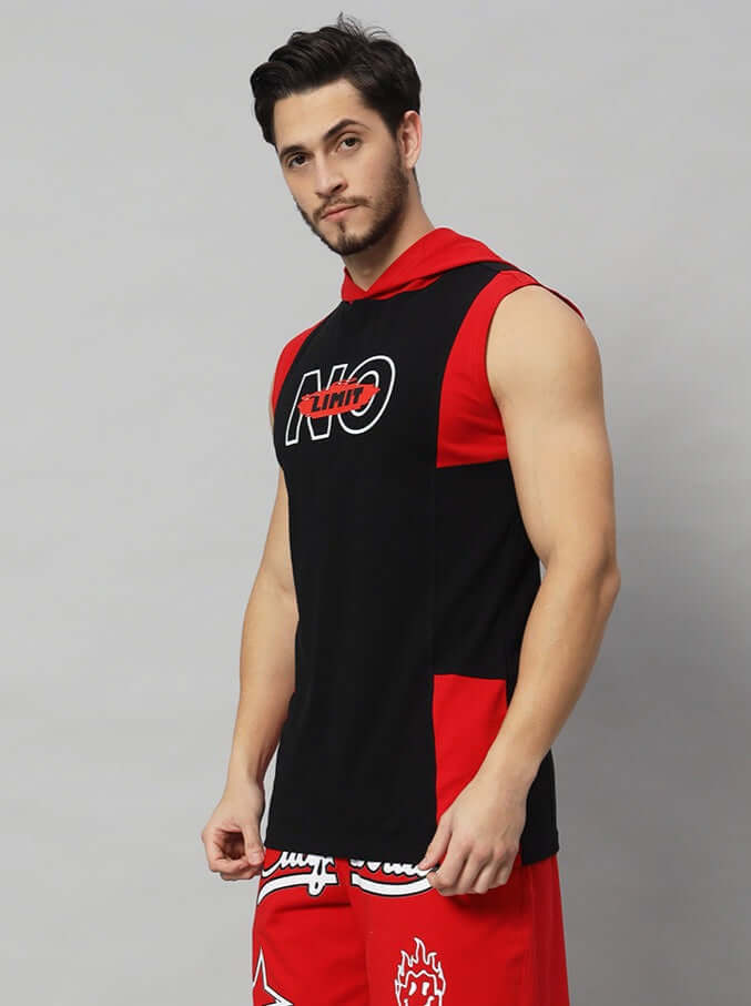 Men's NO LIMIT red and black gym t-shirt, featuring sleeveless design with bold logo, perfect for custom fit options.