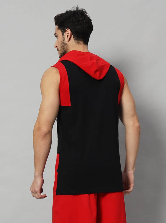 Man wearing NO LIMIT Gym Regular T-Shirt in red and black, back view showcasing sleek design, available in custom and standard fits.