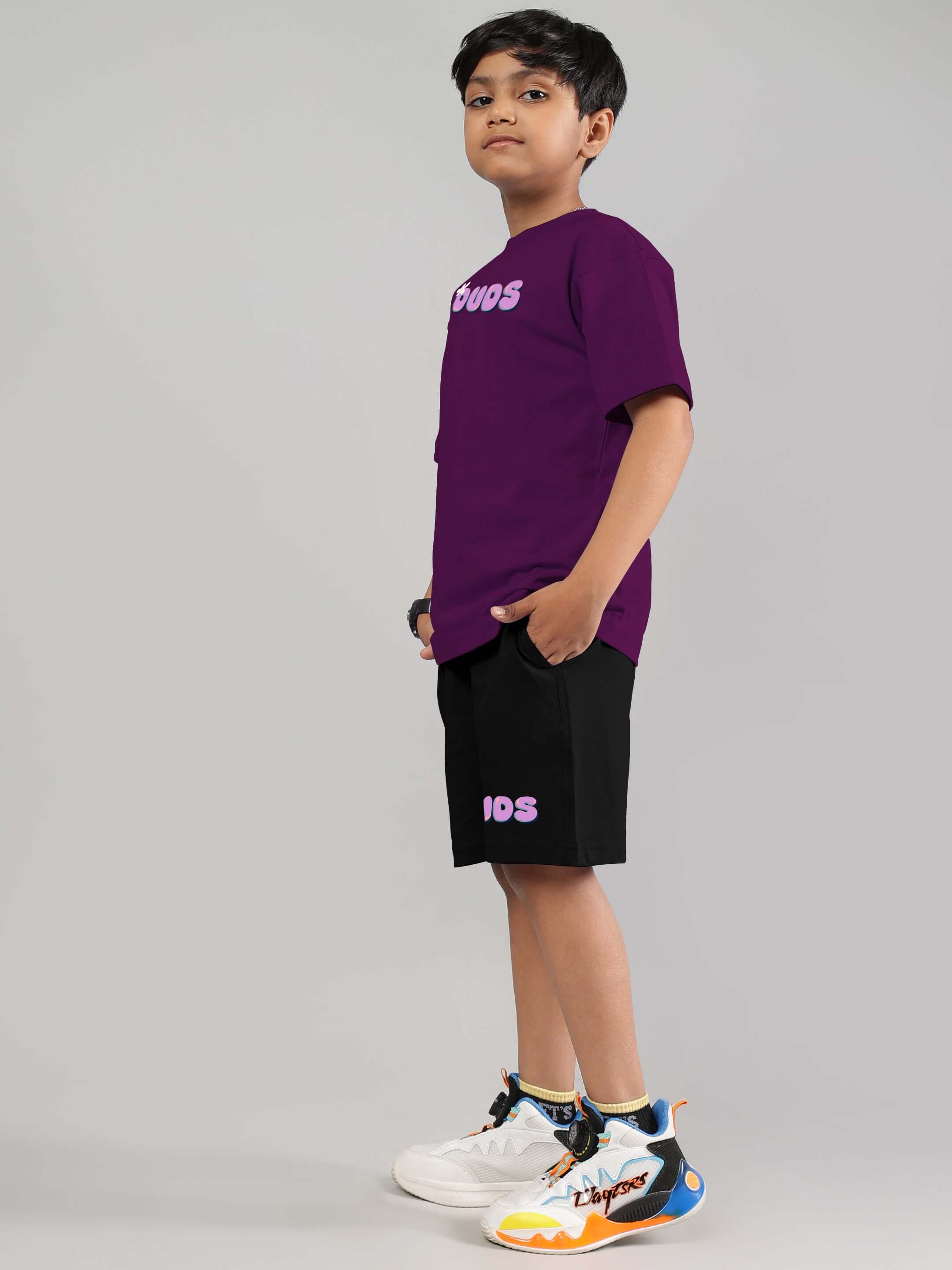 NO POS WOW purple-black co-ord for boys and girls featuring a stylish unisex design.