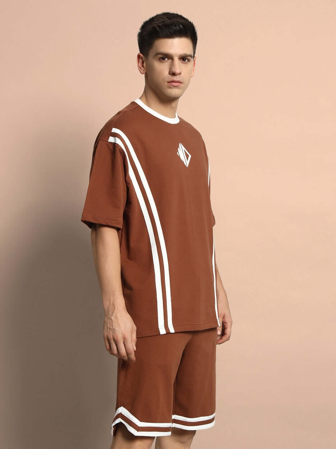 Brown Nordic co-ord set in premium cotton Terry Lycra, featuring white stripes, perfect for casual wear.
