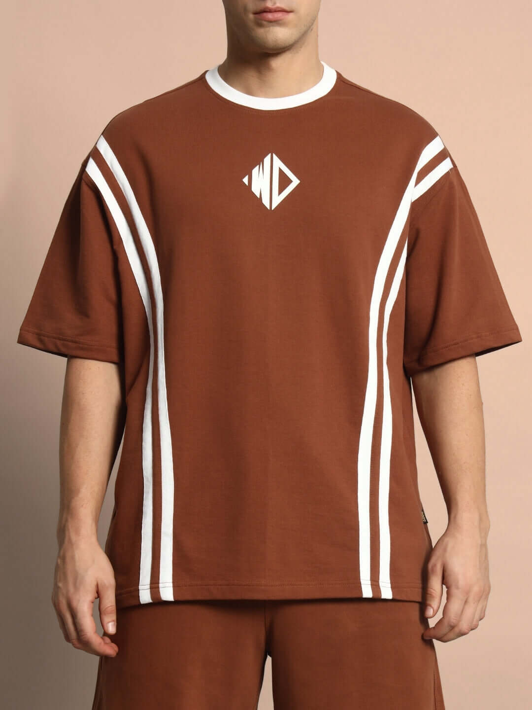 Brown Nordic Co-Ord Set made of premium cotton French terry fabric, featuring a white stripe design. Stylish and comfortable.