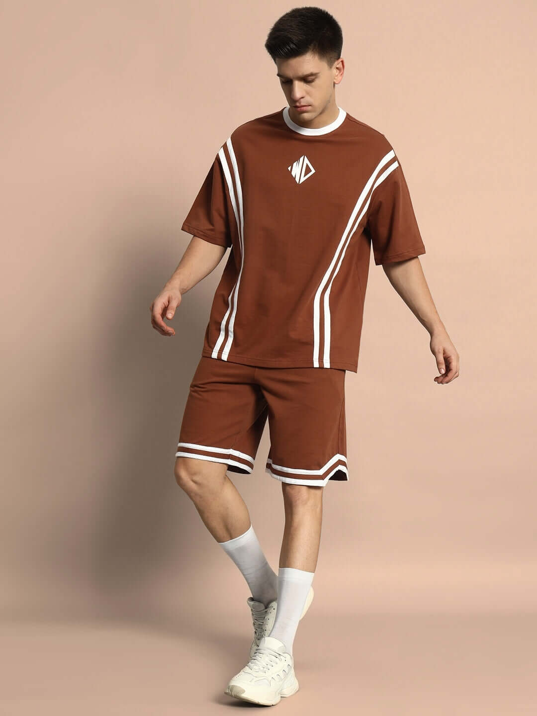 Model wearing Nordic Co-Ord Set in brown, made of premium cotton French terry lycra for a stylish casual look.