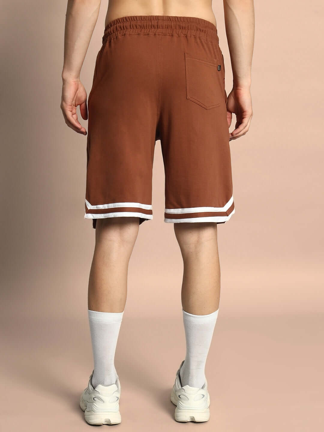 Back view of Nordic Co-Ord Set shorts in brown cotton terry fabric showcasing elastic waistband and contrast trim details.