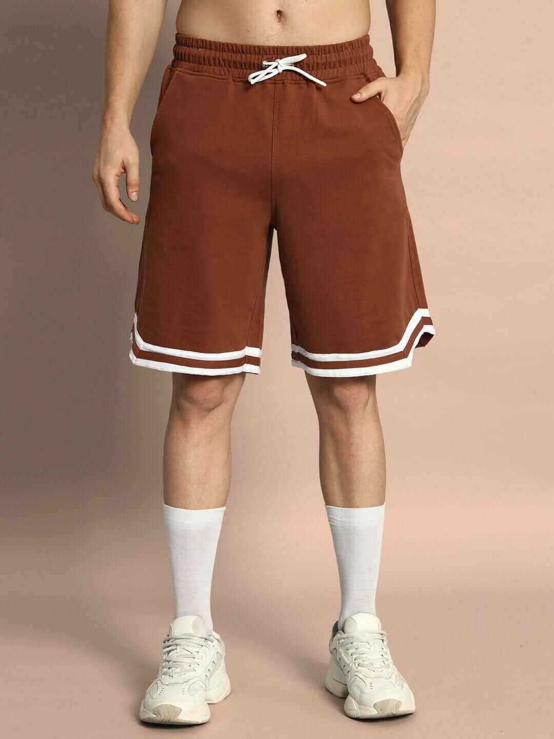 Men's brown shorts with white trim, part of the Nordic Co-ord Set, made from premium cotton French terry fabric. Ideal for casual wear.