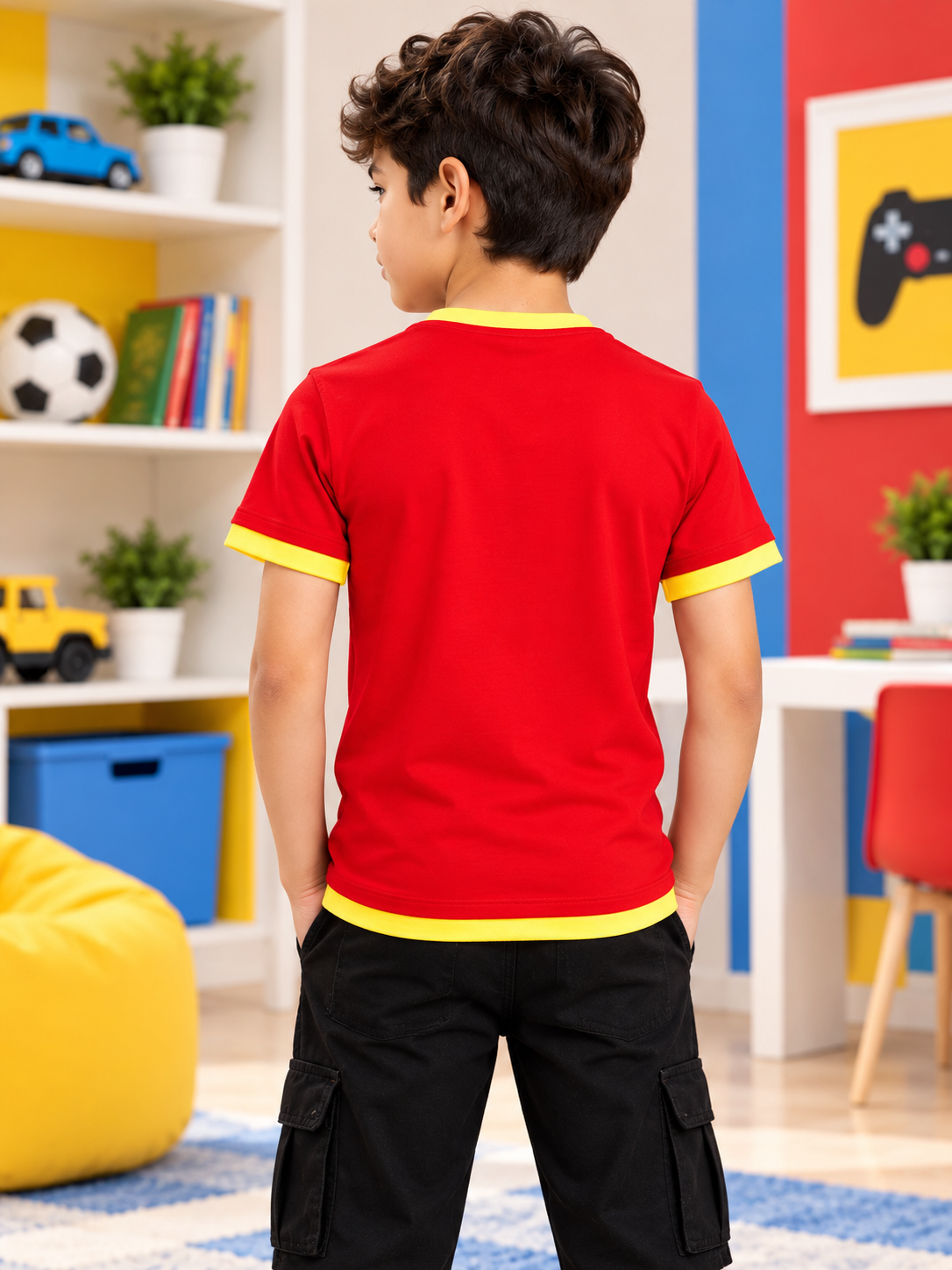 NORIBA REGULAR FIT T-SHIRT FOR BOYS GIRLS RED - back view on boy, comfy everyday casual wear for kids