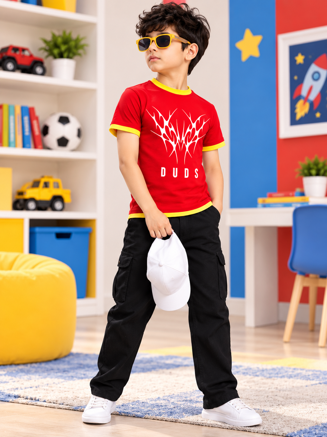 NORIBA REGULAR FIT T-SHIRT FOR BOYS GIRLS RED worn by stylish kid with sunglasses and black cargo pants