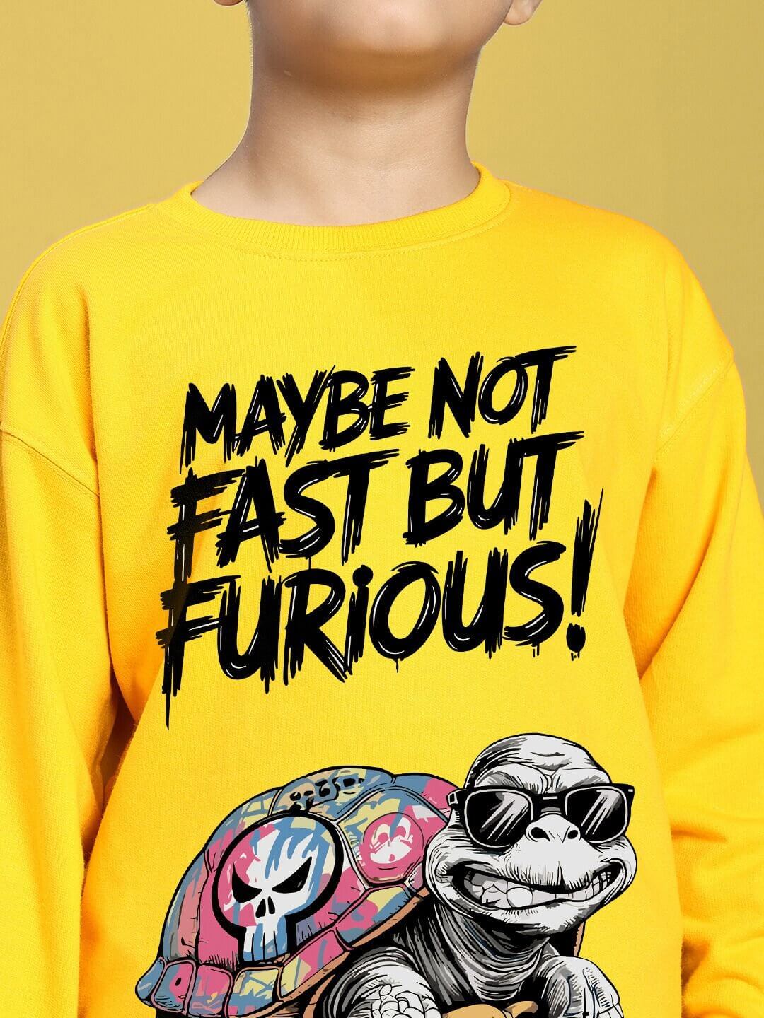 NOT FAST BUT FURIOUS PRINT SWEATSHIRT BOYS AND GIRLS YELLOW with turtle graphic
