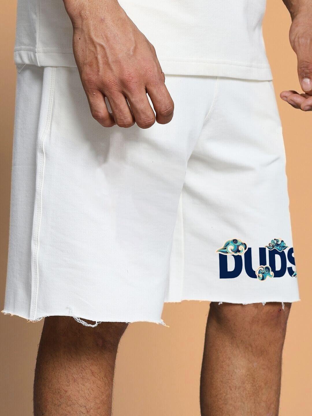 Off-white shorts with cloud print and distressed hem, part of the CLOUD PRINTED CO-ORD SET OFF WHITE collection, for a relaxed look.