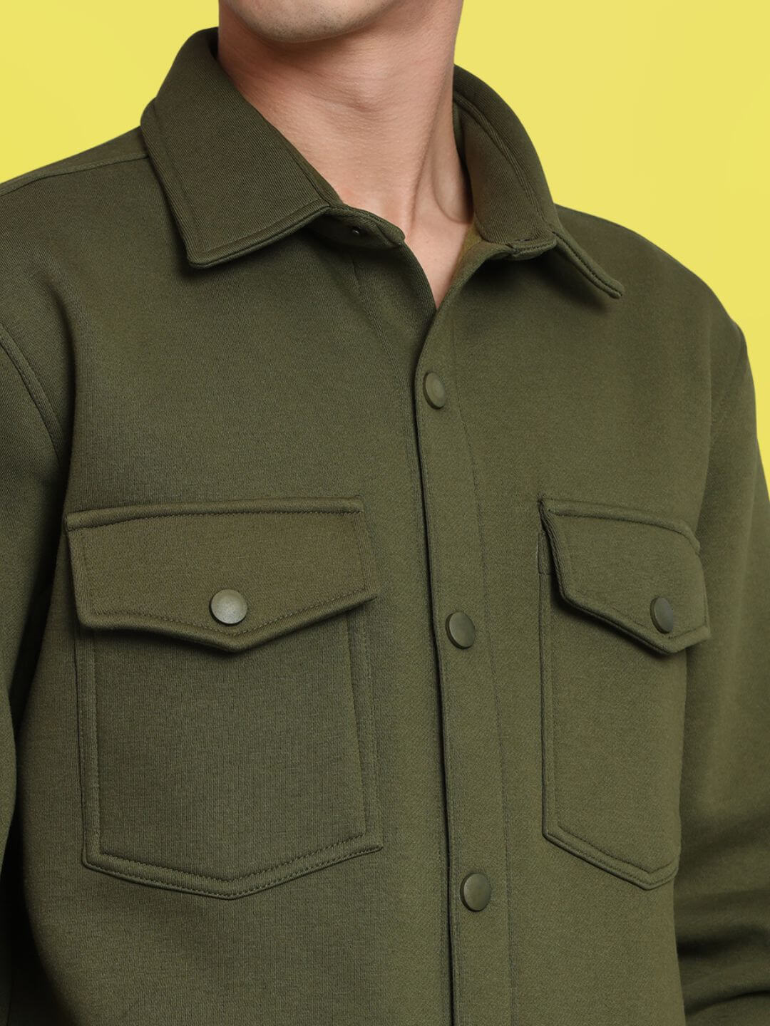Close-up of Olive Green Relaxed Fit Full Sleeves Fleece Overshirt with buttoned pockets.