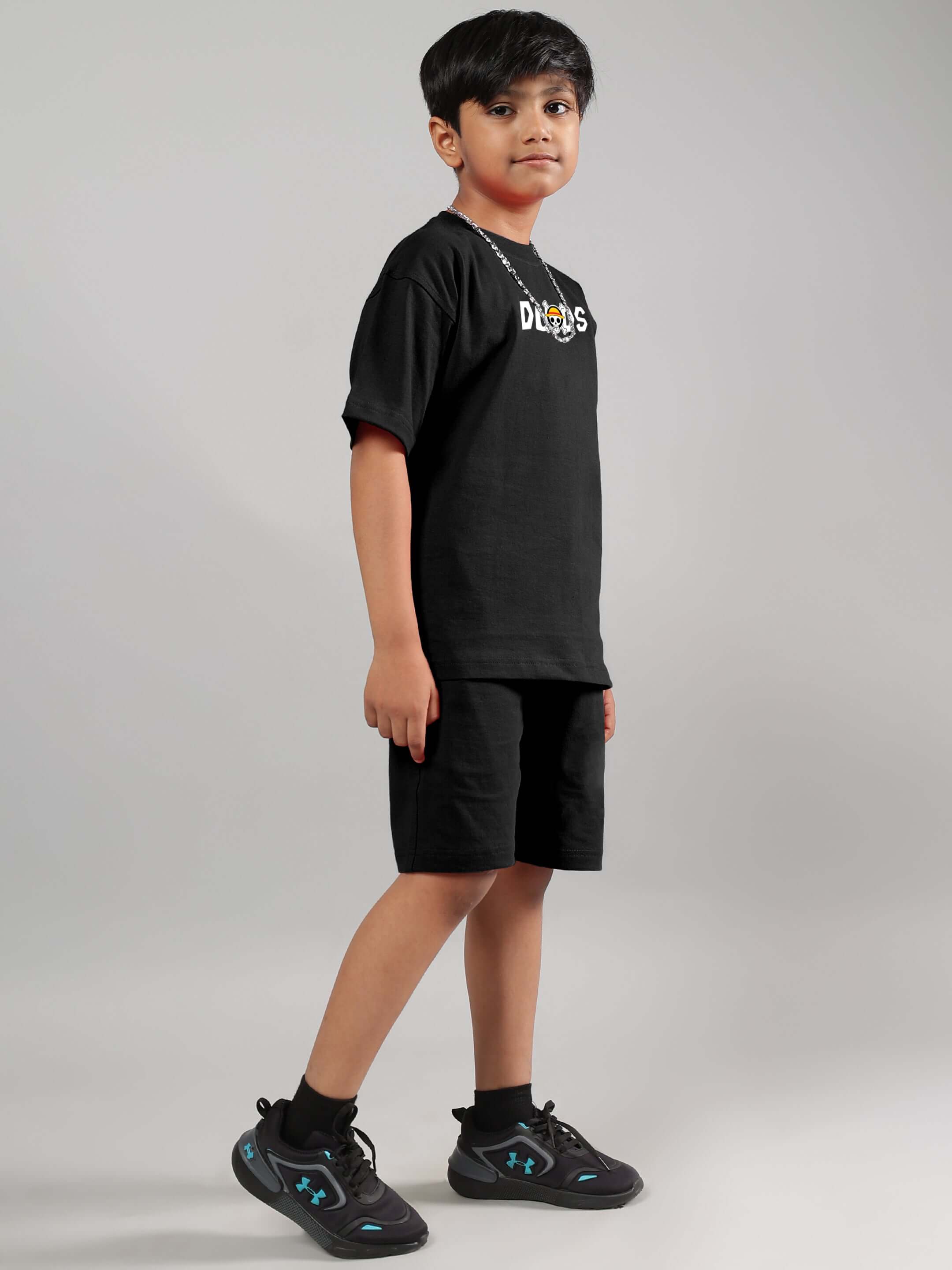 ONE PIECE SUMMER CO-ORD FOR BOYS GIRLS BLACK in soft cotton blend, stylish anime-inspired outfit for kids.
